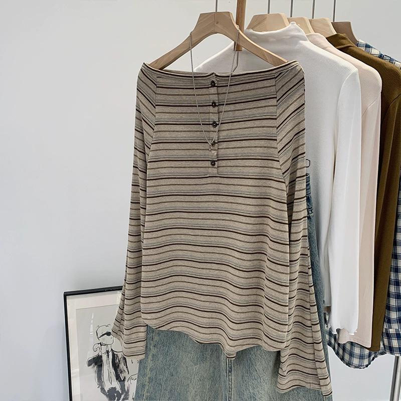 

Autumn 2025 New Arrival: Women s High-End Korean Style Striped One-Shoulder Long-Sleeved T-Shirt One Size (High Quality)