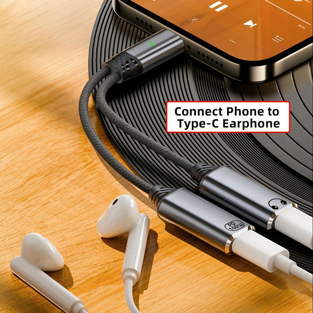 UC-030-TC001 USB-C Male to Dual Female Audio DAC AUX/100W PD Power Cable for Laptop/Tablet/Phone