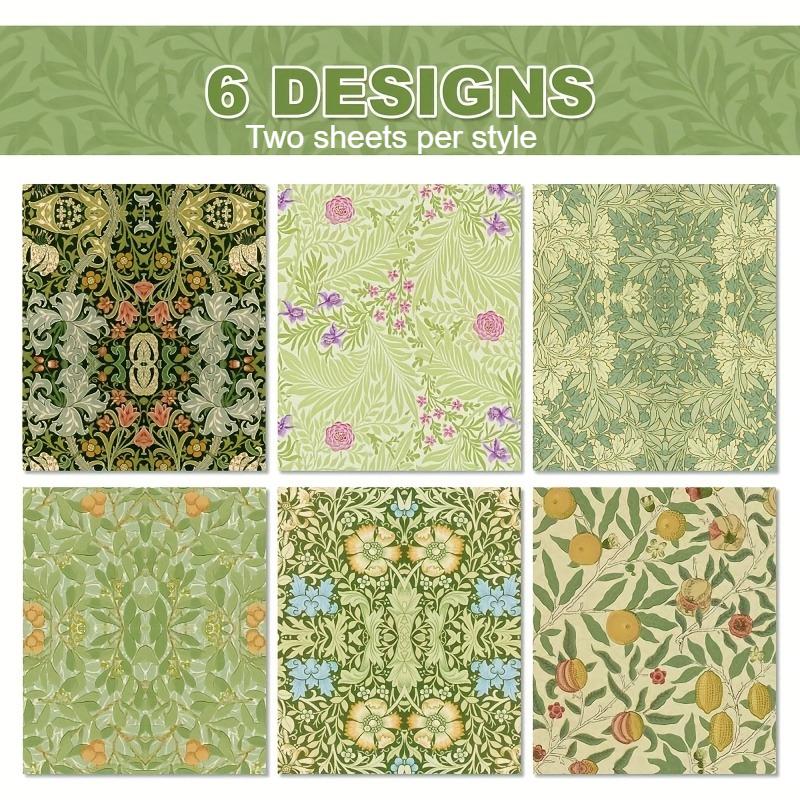 

12pcs/set Vintage Floral Gift Wrapping Paper - 50.8-68.58cm, Elegant Green & Golden Floral Patterns with Butterflies & Fruits