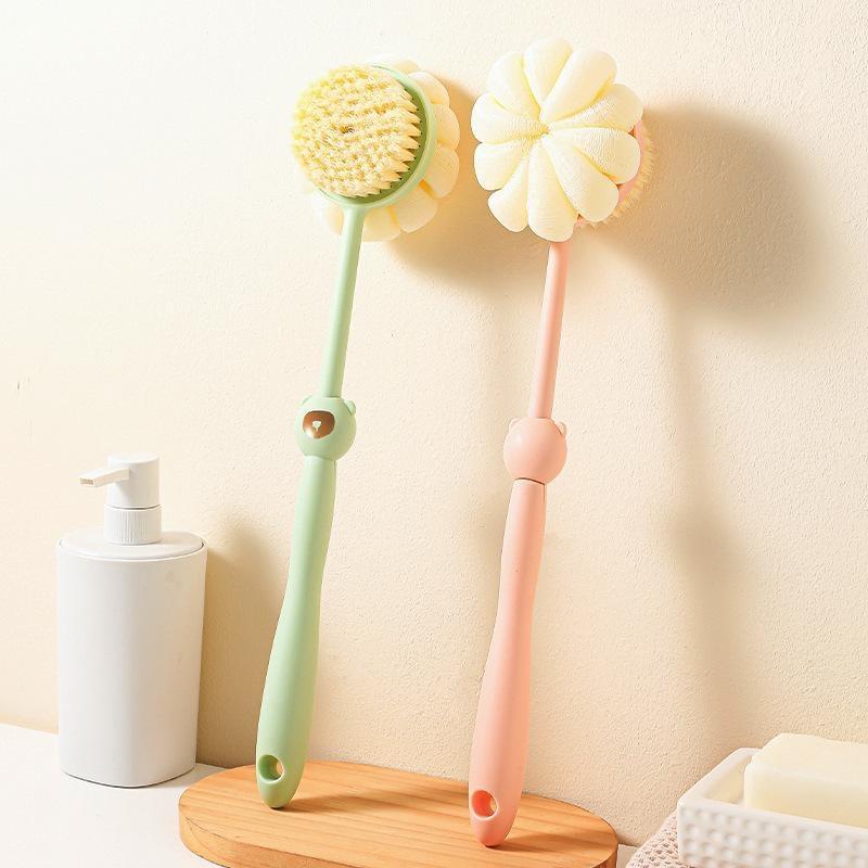 2 In 1 Long Handle Exfoliating Bath Brush Soft Bristles Loofah Puff Back Scrubber for Home Shower Body Cleaning