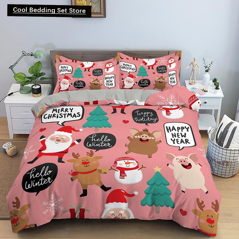 Red Christmas King Queen Duvet Cover Cartoon Santa Claus Bedding Set for Kid Boy Girl Happy Holiday 2/3pcs Polyester Quilt Cover