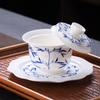 Large Dehua Mutton Fat Jade Ceramic Tea Bowl Set with Three Talents Lid