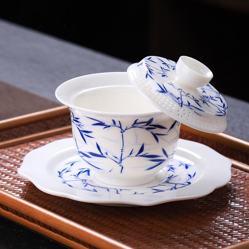 Large Dehua Mutton Fat Jade Ceramic Tea Bowl Set with Three Talents Lid