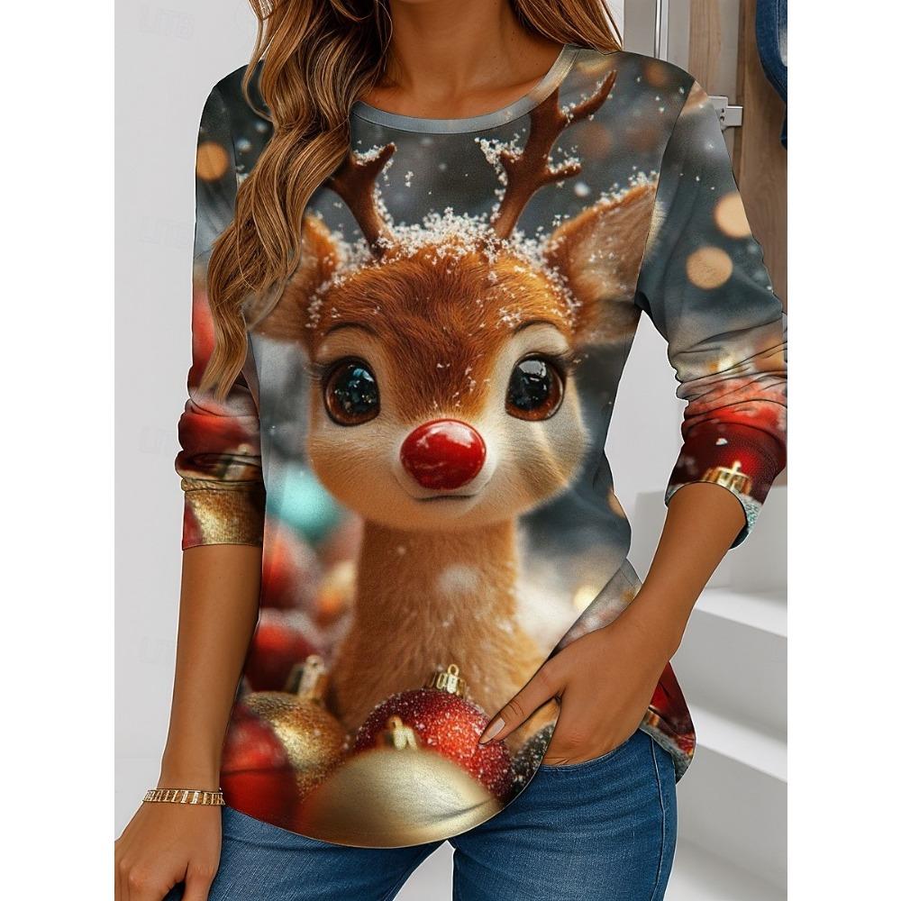 Women's Santa Claus Printed Christmas Theme Crew Neck Long Sleeve T-shirt Casual Comfortable Polyester Christmas Party Pullover