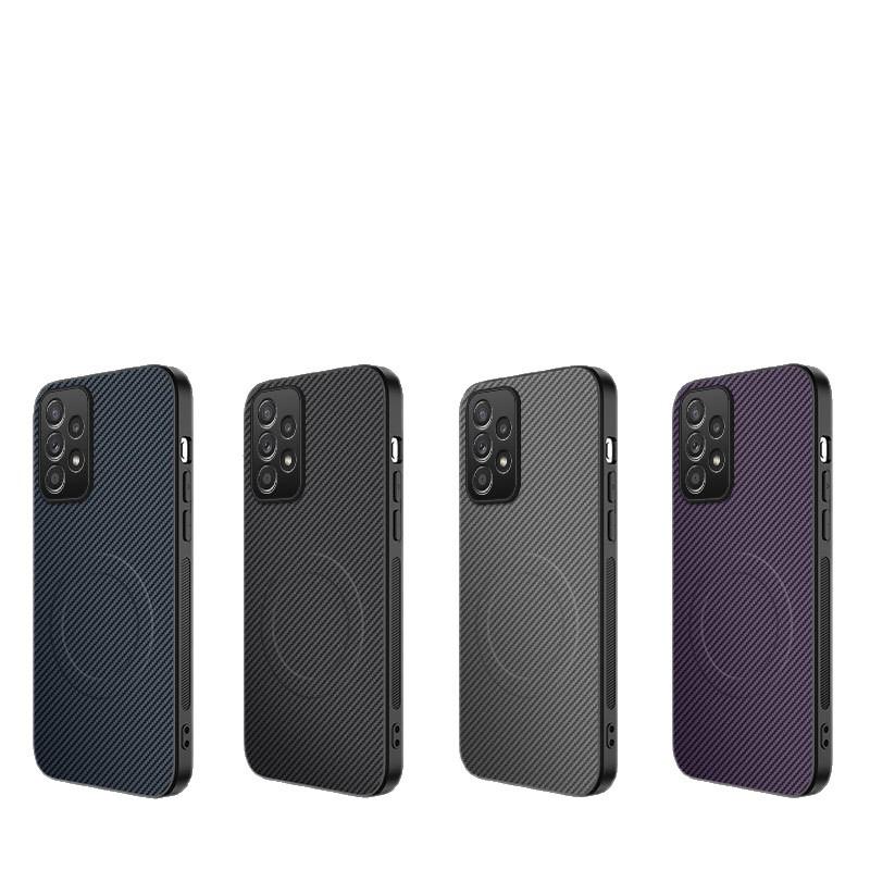 Samsung A Series (A52, M56, A05) Carbon Fiber Leather Texture Case with Full Lens and Drop Protection, Magsafe Compatible.