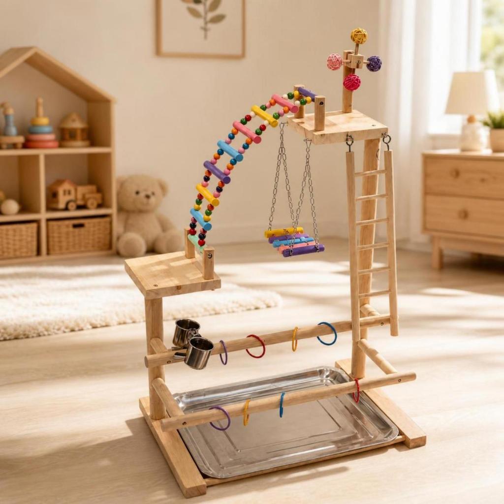 Bird Play Stand Featuring Food Dish Cups Wooden Pet Supply Natural