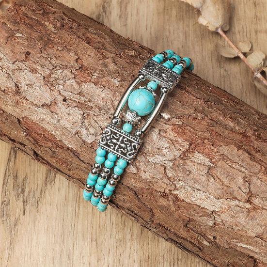 Women Bangle, Adjustable Chain Length Bracelet, Feather Pendant Turquoise Beaded Bracelet, Retro Bohemian Style Bracelet for Jewelry Gift