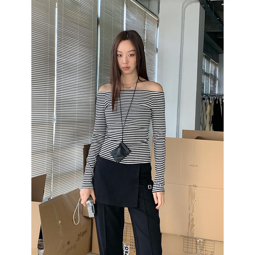 Dorothy Korea Spring Slim-Fit One-Shoulder Clavicle Long Sleeve T-Shirt Women