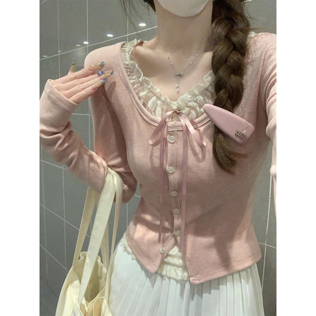 Lace stitching sweet fake two-piece long-sleeved T-shirt women's autumn small man Korean version pure desire single-breasted design top