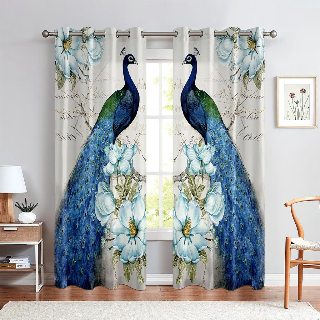Classic Peacock Print Curtain Blue Embossed Effect 2 Panel Fit Living Room Bedroom Balcony Kitchen Window Decor