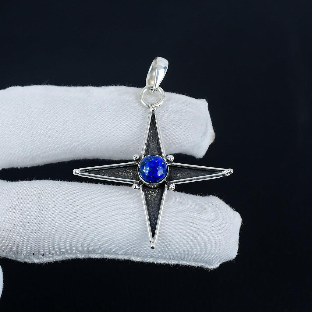 Natürlicher Lapislazuli Edelstein Silberanhänger in 925 Sterlingsilber - Handgefertigtes Sterndesign, Alltagsschmuck, Einzigartiger handwerklicher Designanhänger Geschenk