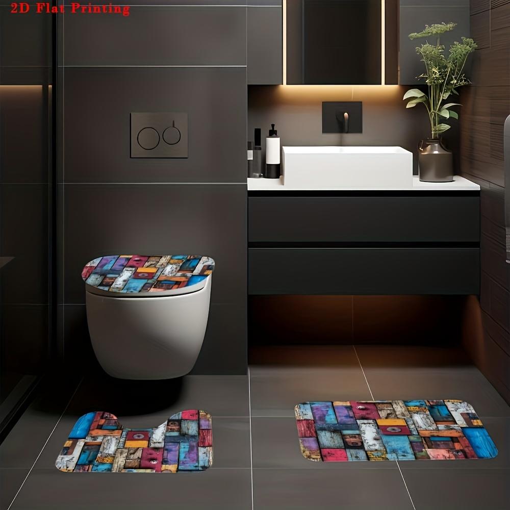 4Pcs 2D Flat Printing Patch Wooden Door Pattern Shower Curtain Set with Non-Slip Bath Mat, Toilet Lid Cover, Contour Rug & 12 Hooks, Bathroom Decor