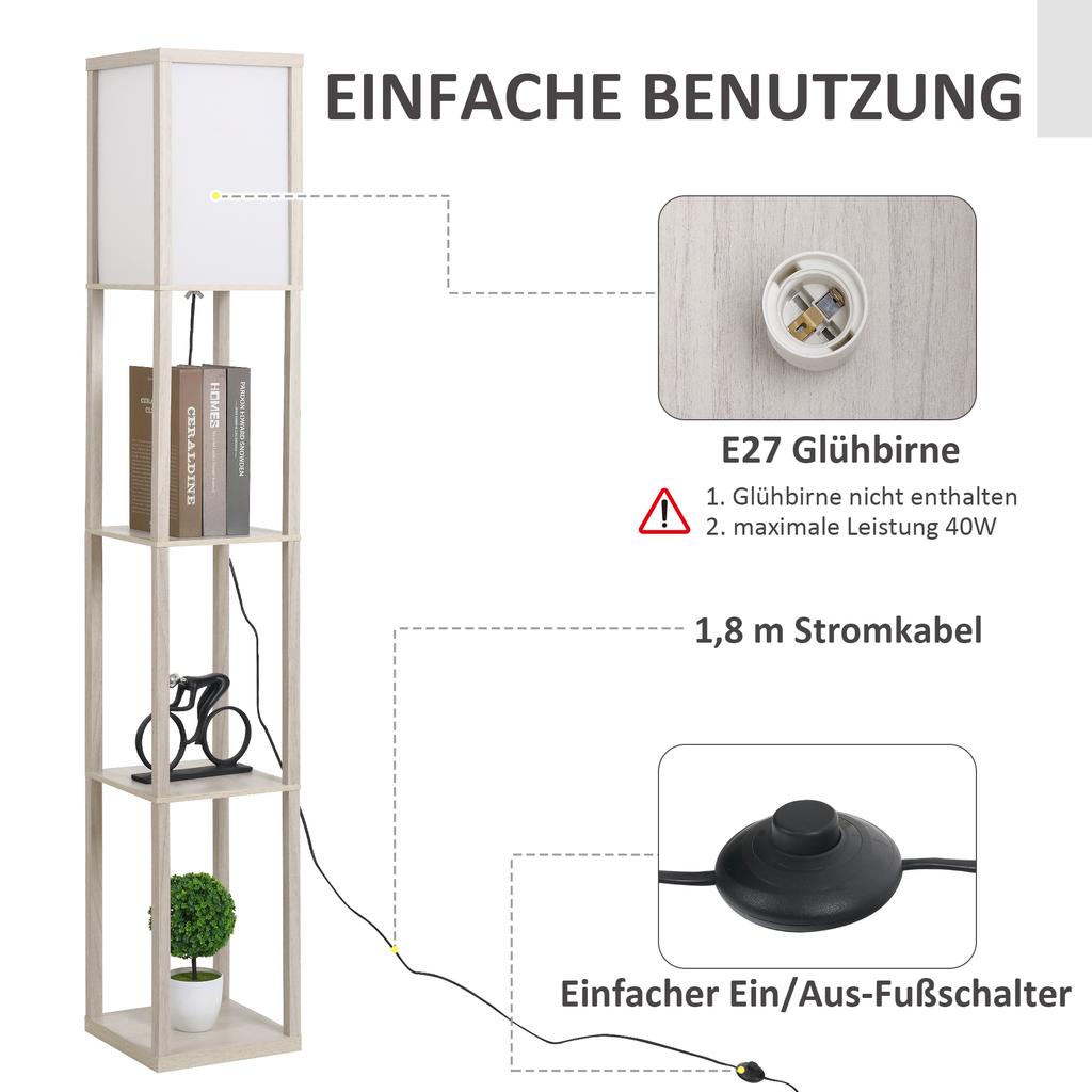 Floor Lamp with Shelves, Standing Light, Wood, 26 x 26 x 160 cm, for Living Room/Bedroom (Without Bulb)