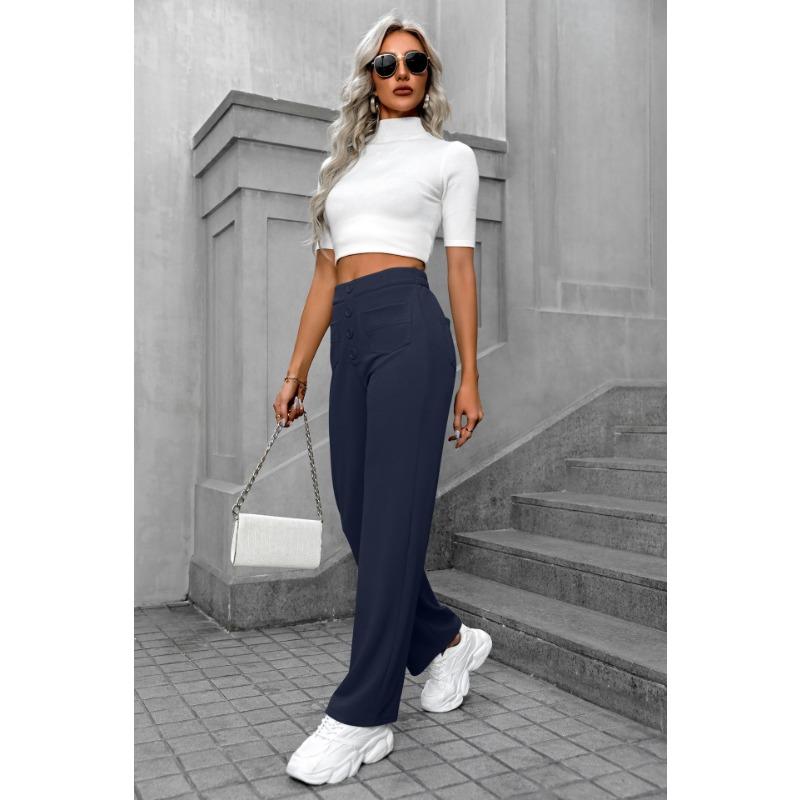 Women Casual High Waist Button Pocket Loose Straight Long Pants