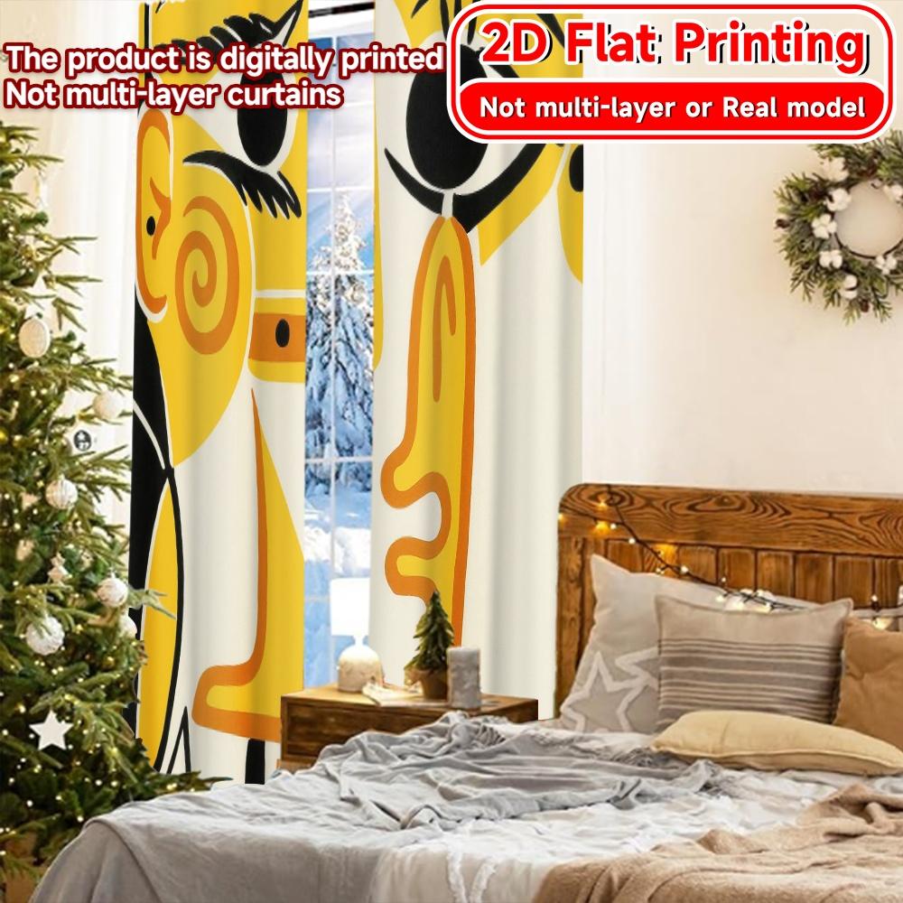 2Pcs, 2D Flat Printing Curtains (Without Rod) Abstract Faces(1) Holiday Printed Curtains Durable Polyester Curtains Decorations