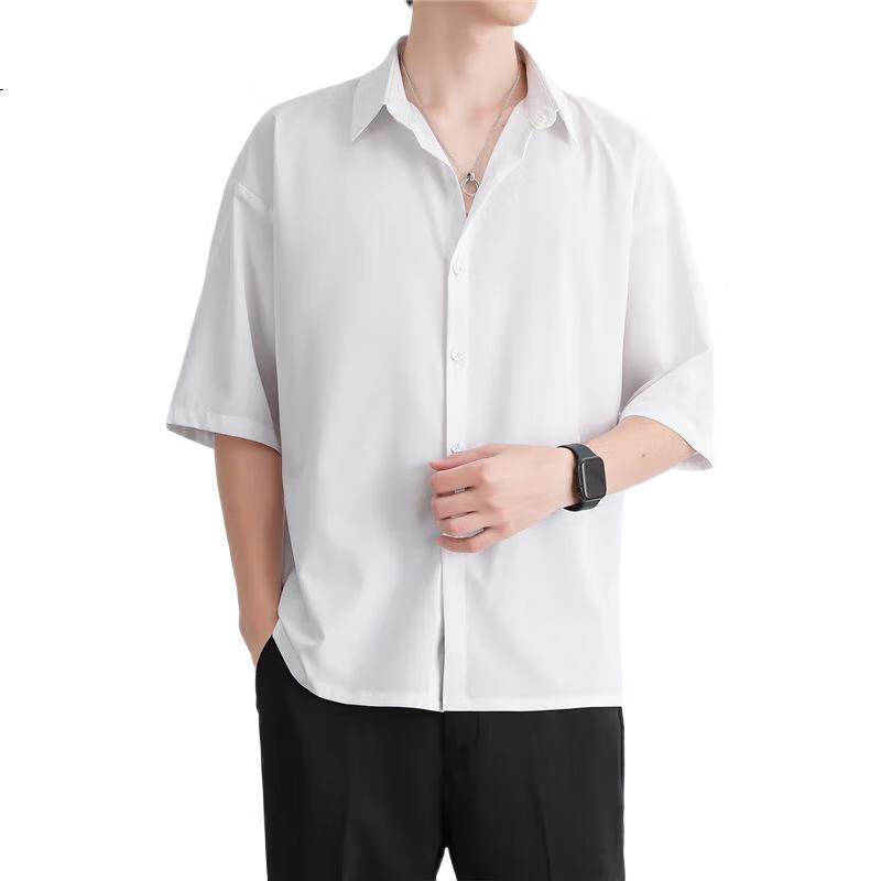 Mianzhi Men's Shirt, Summer Ice Silk Cool Feeling Versatile Top, Loose Casual Solid Color Short Sleeve Shirt for Men, White, L