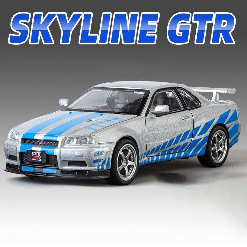 1:32 Scale SKYLINE GTR R34 Sports Car Model Toy Metal Diecast Pull Back Light Music 4 Doors Opened Vehicles Ornaments Gifts