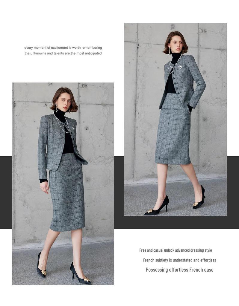 2024 Women's Gray Plaid Two-Piece Suit – Korean Style Formal Jacket & Skirt for Early Autumn