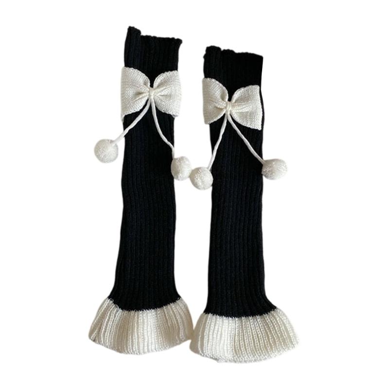 Fashionable Women's Leg Warmers Ribbed Socks Elastic Lace Trim with Cute Bows and Fuzzy Ball Winter Accessories