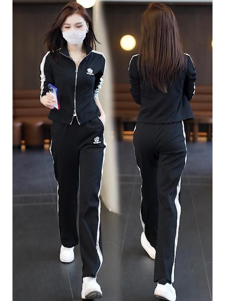 Damski dwuczęściowy strój jesienny 2025 w koreańskim stylu, szykowny: Garnitur: Kurtka ze stójką i spodnie z szerokimi nogawkami