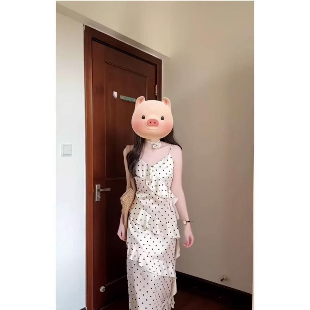 College style polka dot suspender dress for women's casual women's spring new waist and thin French lotus leaf edge long skirt