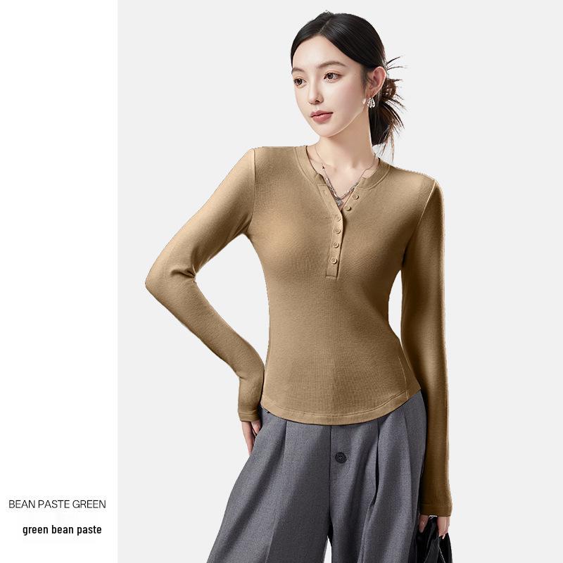 10A Antibacterial German Velvet Women's V-Neck Slim Fit Long Sleeve Warm Base Shirt