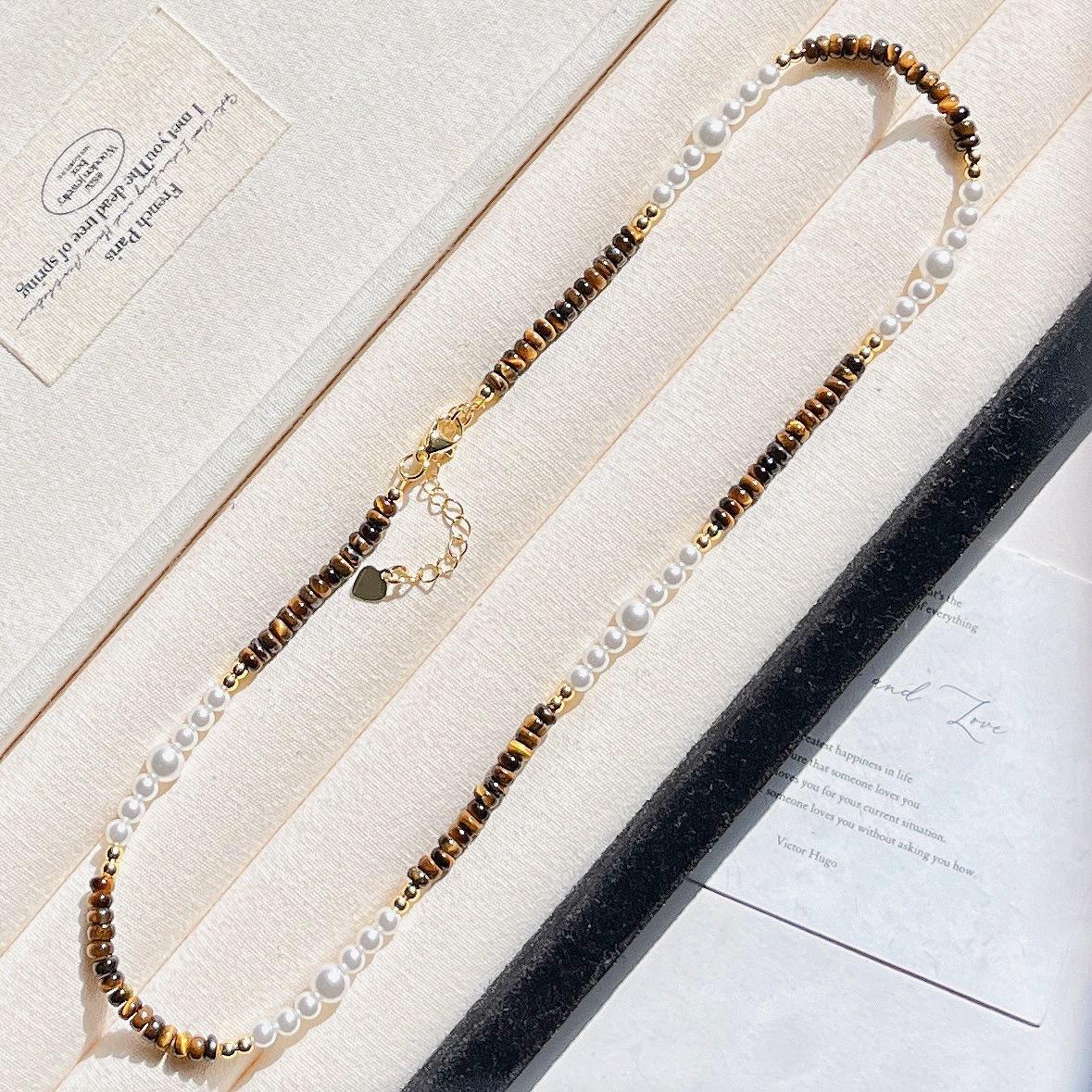 

Autumn And Winter Merad Wind Natural Tiger S Eye Stone Imitation Pearl Sweater Chain Necklace Collarbone Chain