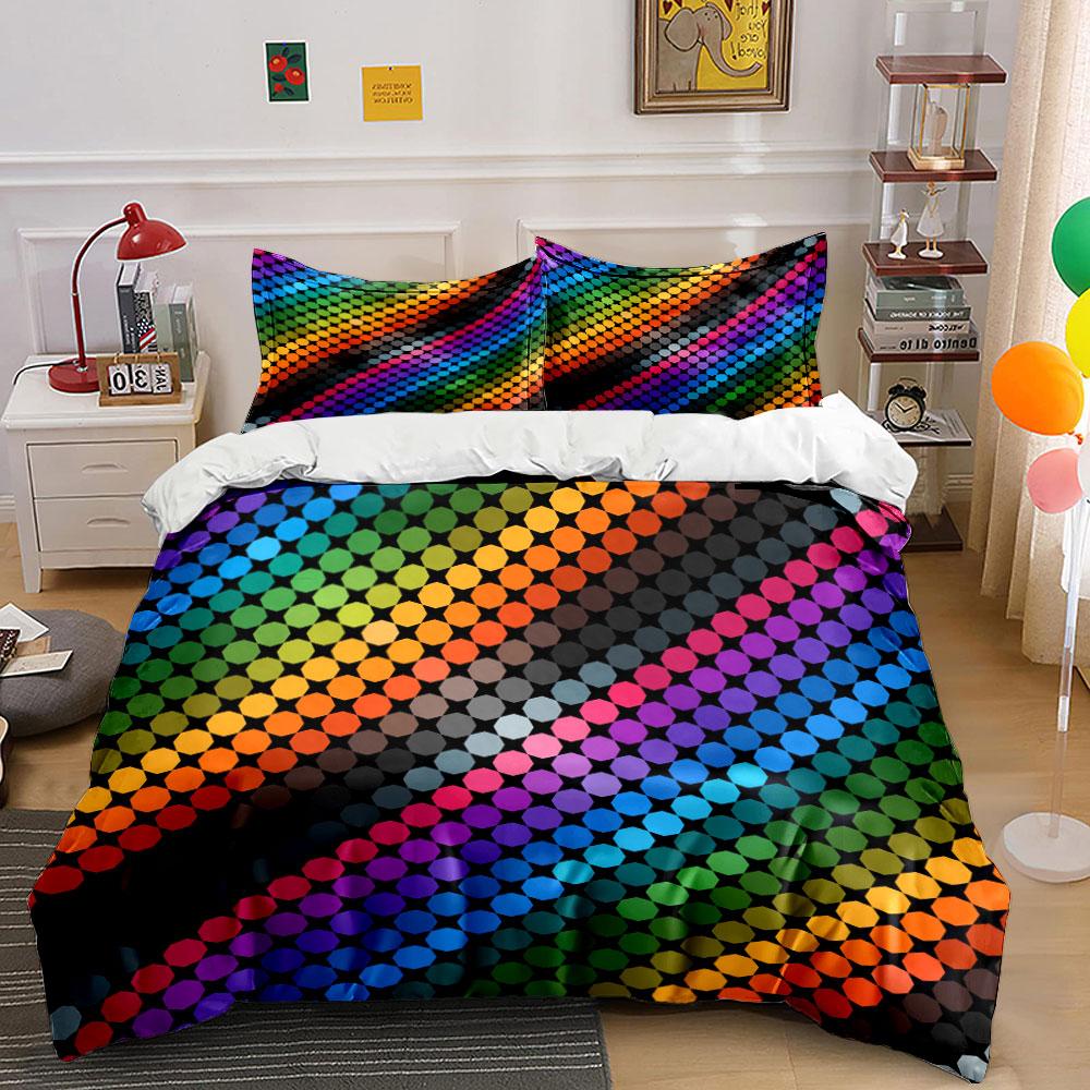 3Pcs Dark Rainbow Pixel Grid Bedding Set, Multicolor Geometric Print Duvet Cover + 2 Pillowcases, Single Double King Queen