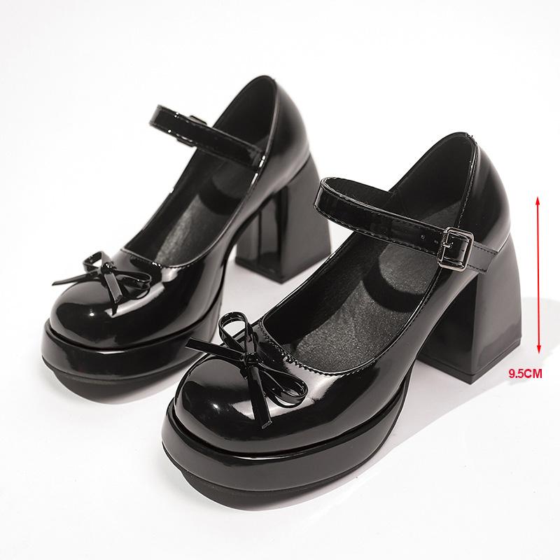 Bowtie Super High Heel Pumps for Women Lolita Style Patent Leather Chunky Platform Pumps Autumn Ankle Buckle Mary Janes Shoes