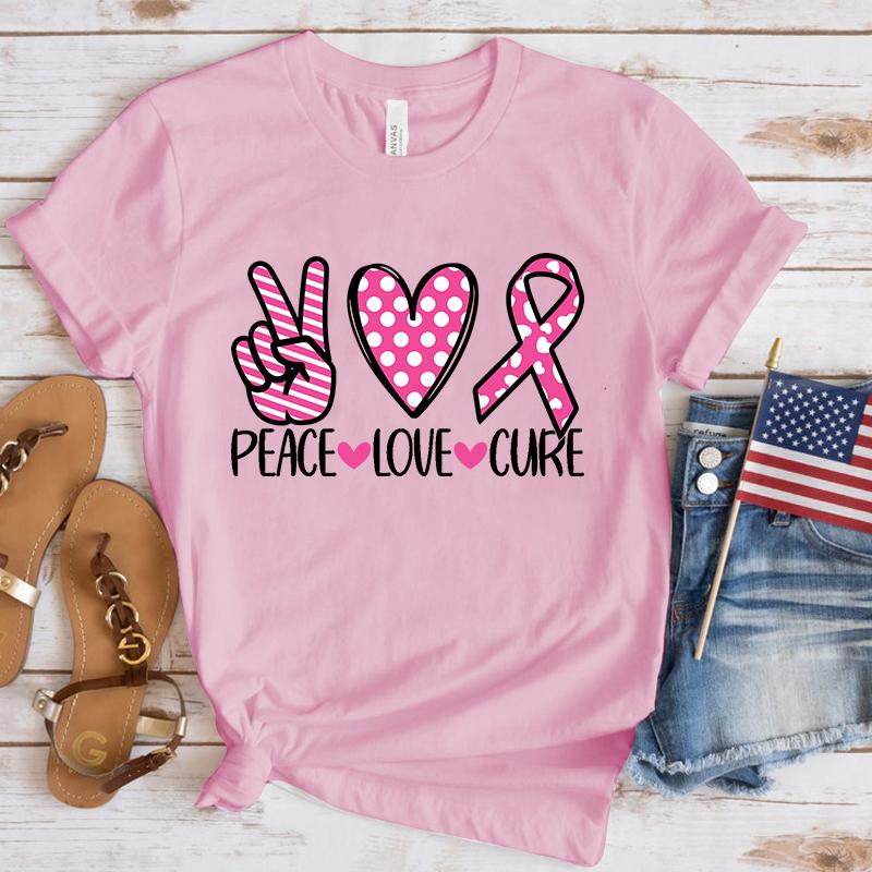 Neues Lustiges Brustkrebs-Bewusstseins-Frieden-Liebe-Heilung T-Shirt Unisex Kurzarm O-Ausschnitt Sommer Lässig Buchstabenaufdruck T-Shirt Oberteil