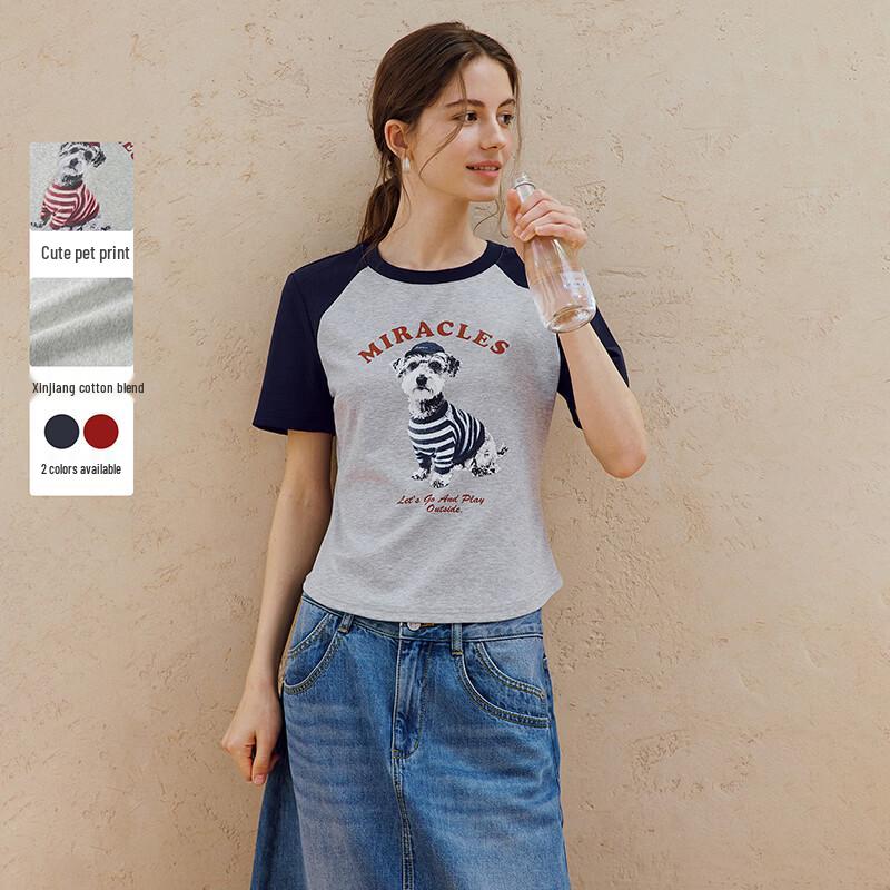 INMAN Women s Puppy Print Color-block T-Shirt M