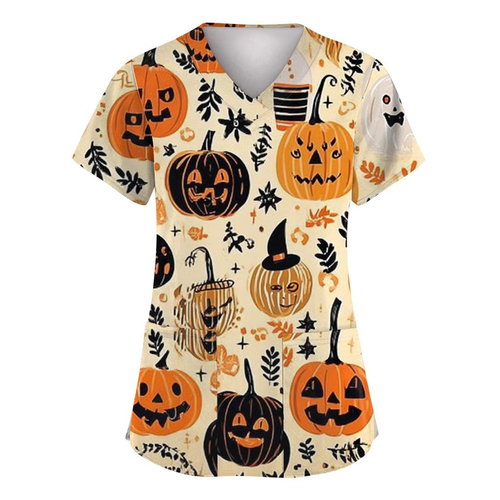 Women's Fashion Short Sleeve Halloween Printed V-Neck Pocket Workwear Tops