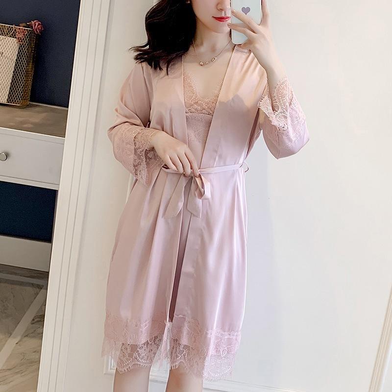Sexy pajamas women's summer thin Ice Ribbon chest pad lace suspender nightgown nightgown can be worn outside two-piece loungewear