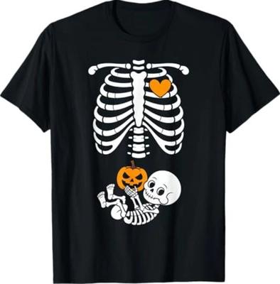 Halloween Skeleton Baby Rib Cage Maternity Pregnant Pumpkin T-Shirt