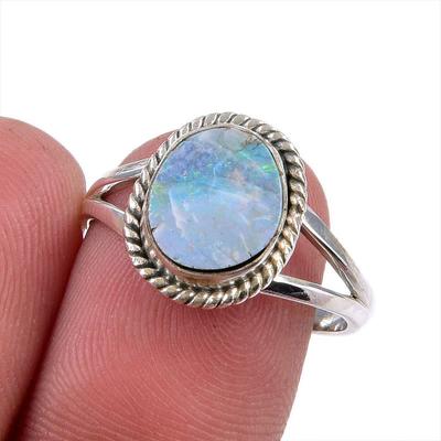 Naturlig australisk opal ädelsten 925 massivt sterlingsilver smycke ring S.8 Q4r81