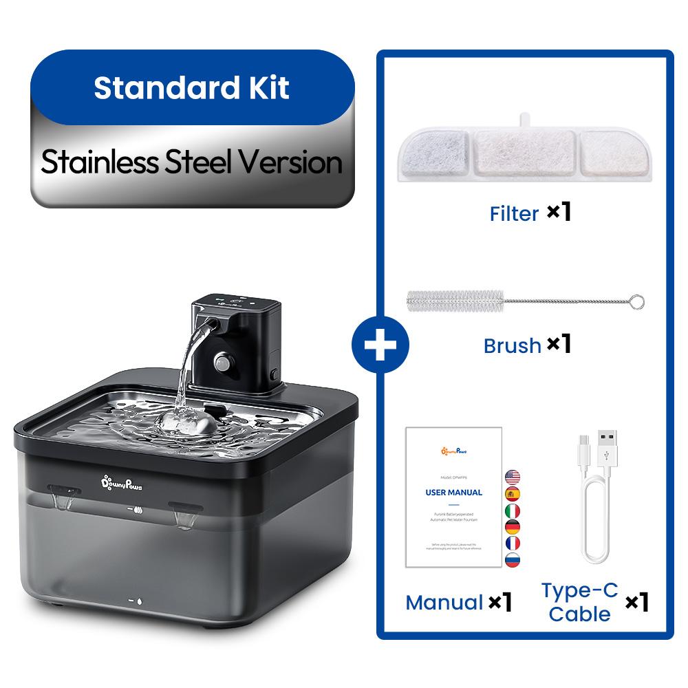 

DownyPaws 2.5L Автоматический фонтан для кошек из нержавеющей стали 4000mAh Беспроводная поилка для домашних животных с аккумулятором и датчиком 2 в 1 Диспенсер 2.5L