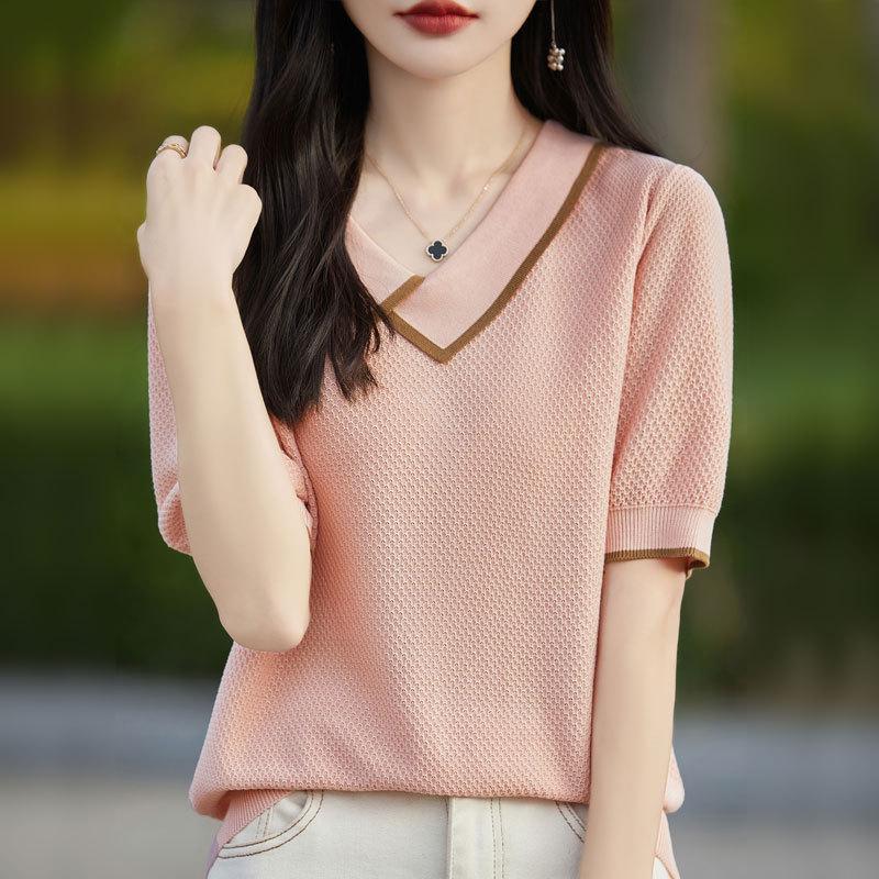 Women's Summer Tencel Lyocell Square Collar Contrast Honeycomb Knit Short-Sleeve Sweater Top