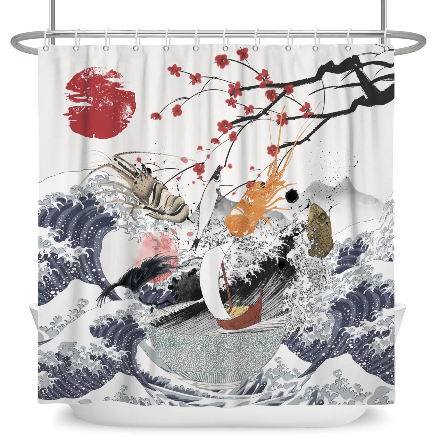 Japanese Ukiyo-e Sun Fuji Cherry Blossom Shower Curtain Hokusai Giant Waves Kanagawa Bathroom Curta Waterproof Bathtub Screen (as the picture,90X180cm)
