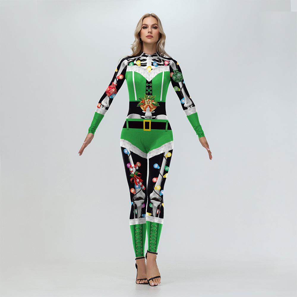 Women Funny Christmas Bell Accessories Digital Print Onesie Halloween Cosplay Costume Tights Stage Performance Suit