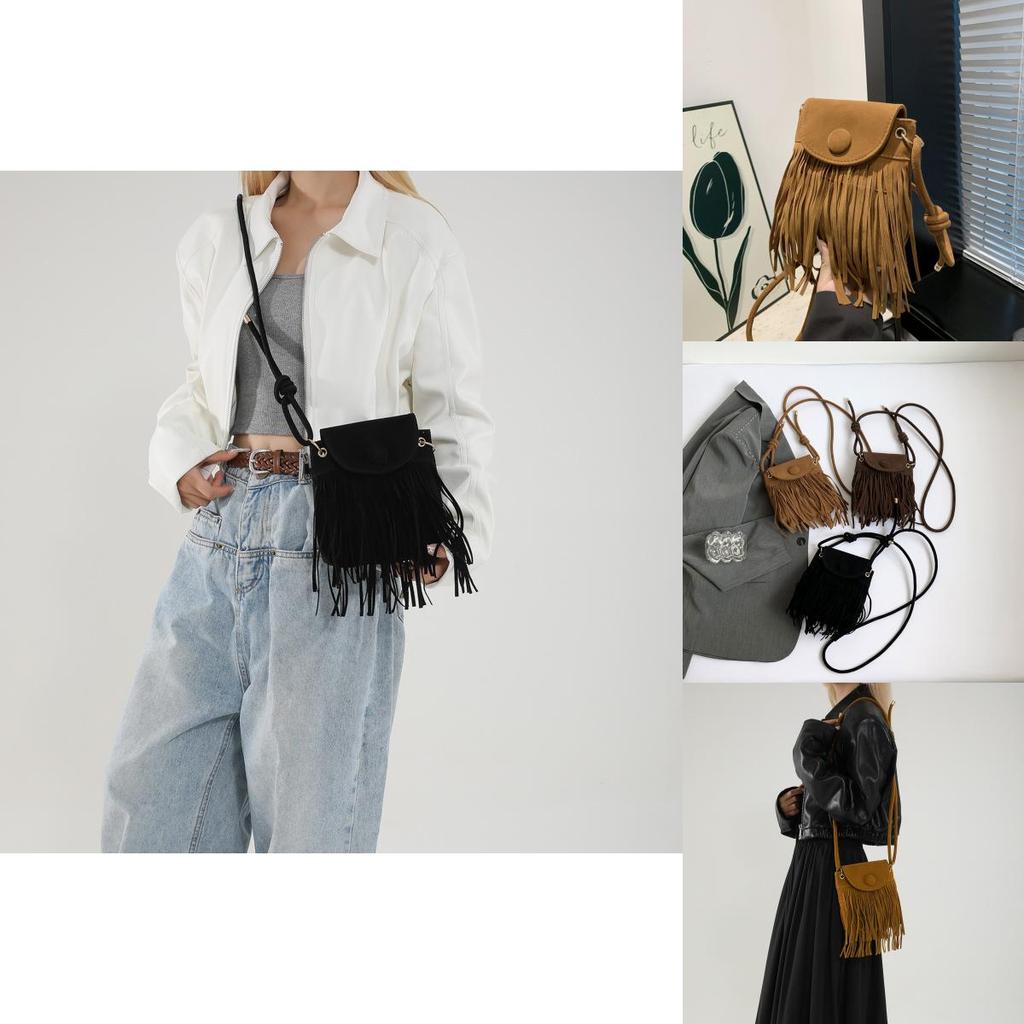 Elegante Borsa a Sella Quadrata Piccola in Stile Etnico Retrò con Frange Ideale per Outfit Casual Estivi