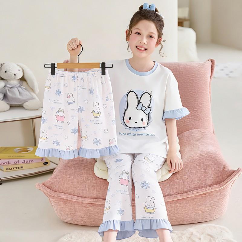 2026 Cotton Pajama Set Girls Short Sleeve Thin Sleepwear Sweet Cartoon Print Kids Home Outfit
