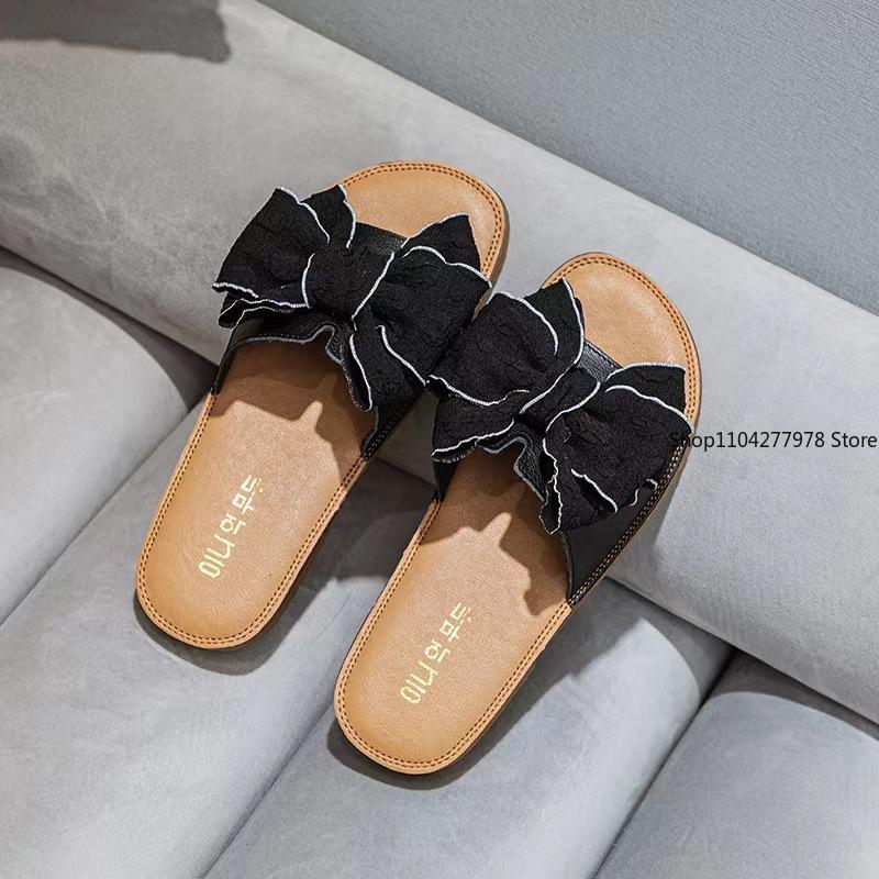 Fashion Cow Leather Sandals 2025 New Women's Slippers Bow Large Size 35-43 Beef Tendon Sole Soft Sole Geunine Leather Slippers