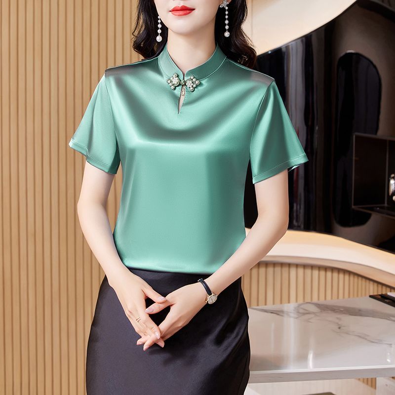 Women's White Satin Mandarin Collar Blouse Casual Short Sleeve Top with Pearl Decor
