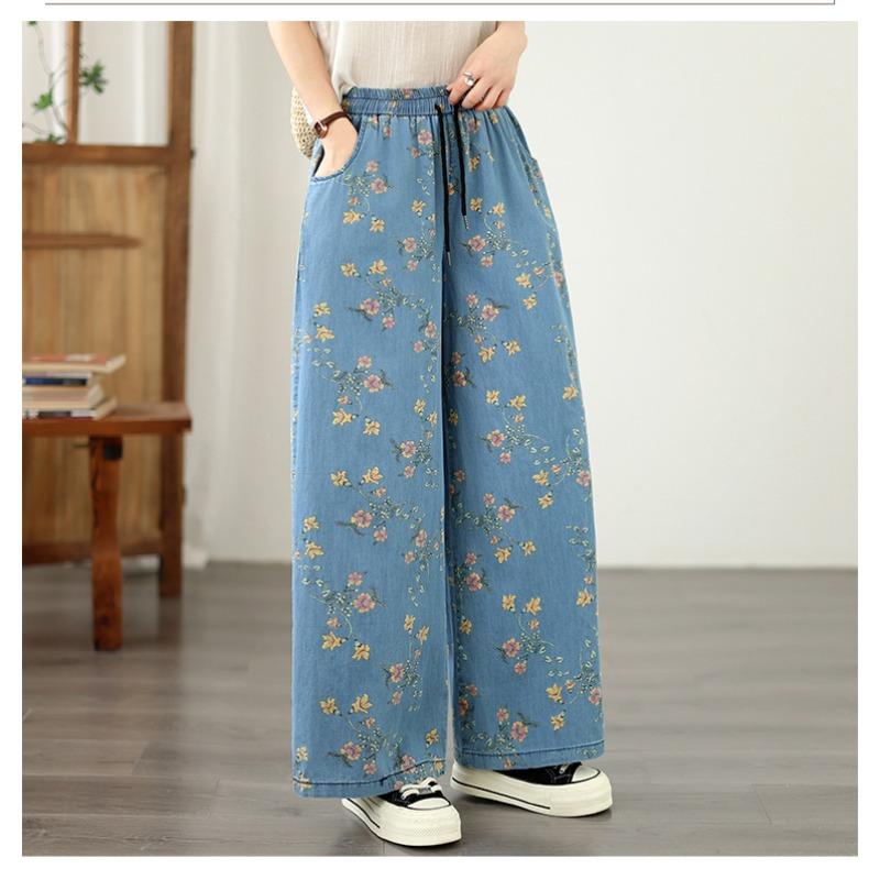 DIMANAF 2026 Summer New Plus Size Women Jeans Print Floral Elastic Waist Long Pants Loose Casual Denim Cotton Trousers Pants