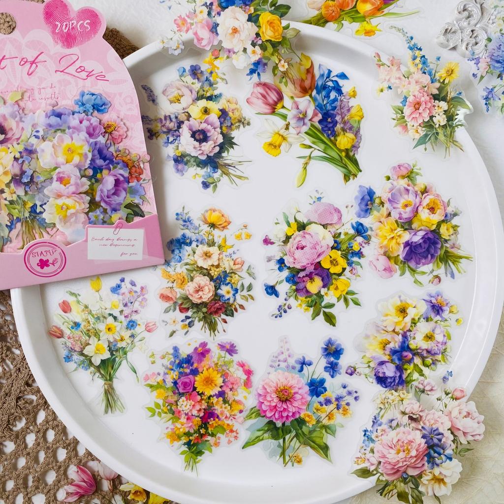 20pcs Flower Stickers Aesthetics Transparent PET Stickers DIY Scrapbook Junk Journal Decor Album Stickers