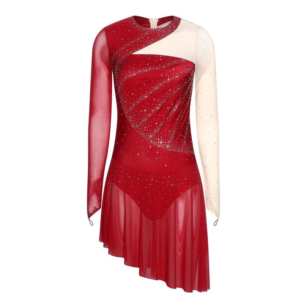 Women's Gymnastics Figure Skating Bodysuit S-XXL: Rhinestone Color Block Mesh Long Sleeve Chest Pleats Jumpsuit with Buttoned Crotch