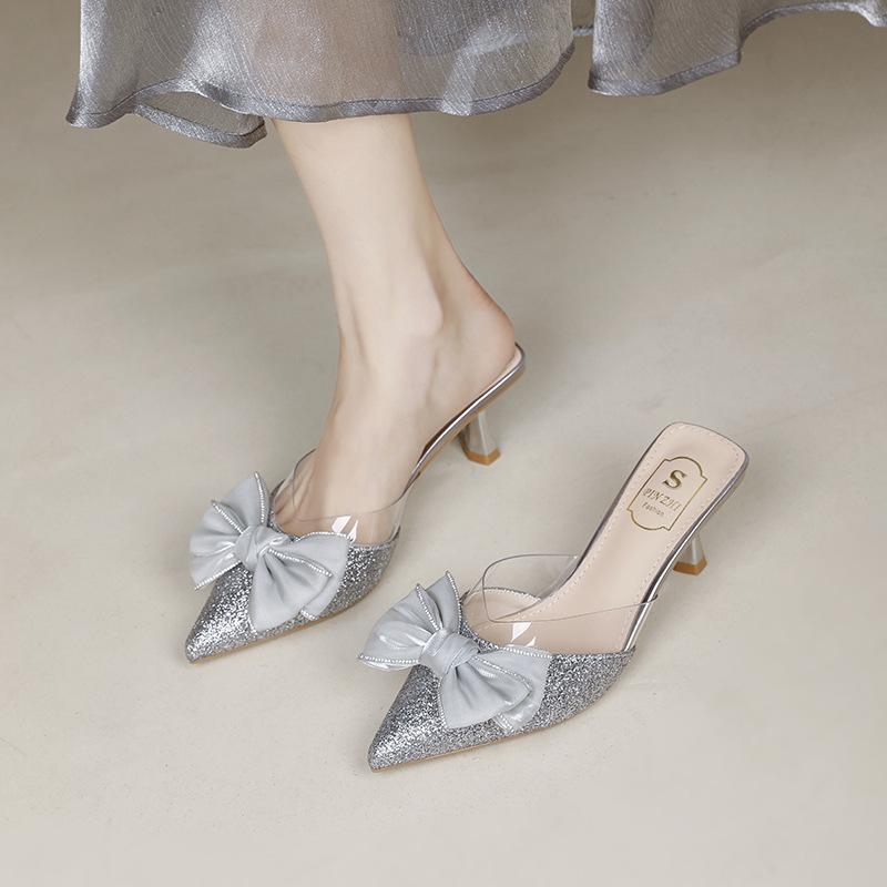 Champagne sequined bow thin heel bag head drag women's summer pointed transparent high heel slippers with skirt