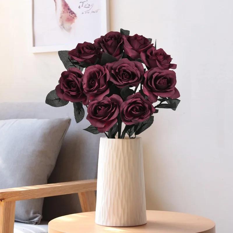 5/10pcs Dark Red Artificial Silk Rose Bouquet Realistic Fake Roses for Halloween Xmas Home Wedding Party Decor