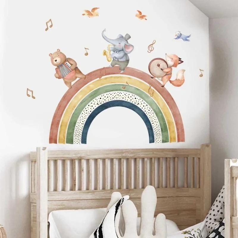 Cartoon Animal Rainbow Wall Stickers Self-Adhesive Fox Elephant Bear Decals Kids Bedroom Home Decor