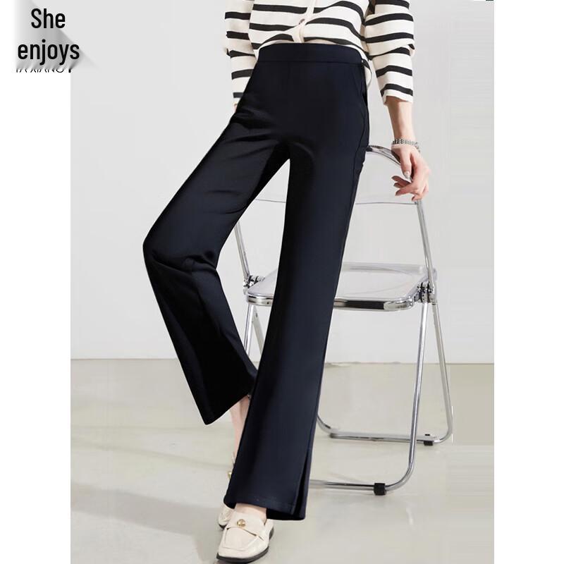 SheEnjoy Women's Black Flare Slit Hem Casual Long Pants T53X019